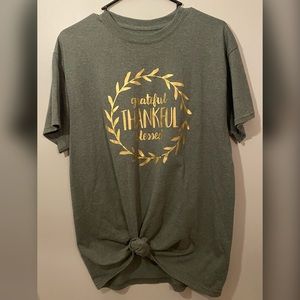 “grateful THANKFUL blessed” Olive Color Graphic Tee, Unisex Size Medium